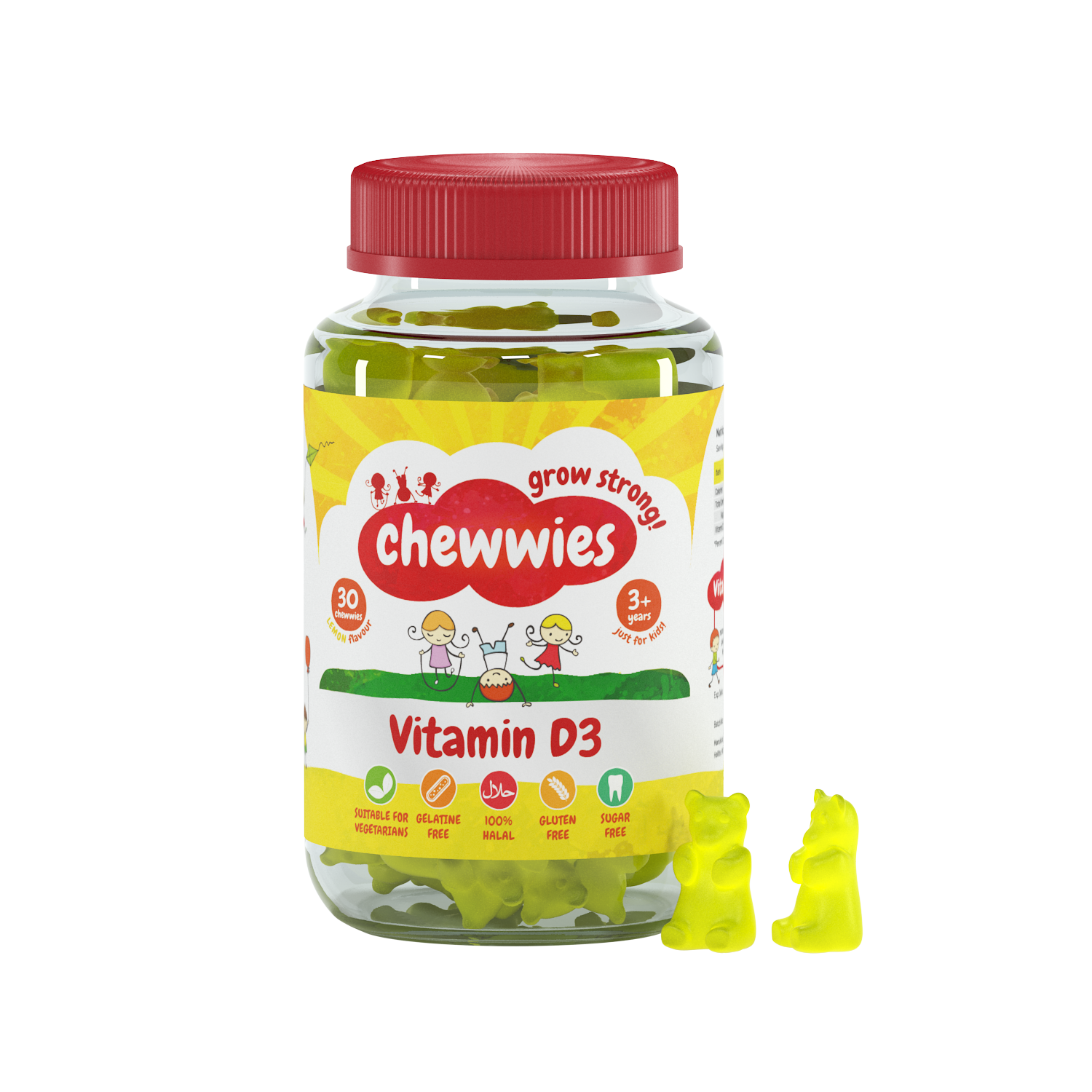 Chewwies Vitamin D3, 30 sugar-free, vegan gummies with citrus extracts to support healthy growth and development.